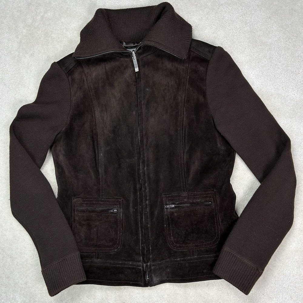 Ann Taylor Leather Jacket Womens Petite XS Wool Trim Full Zip Lined Bomber